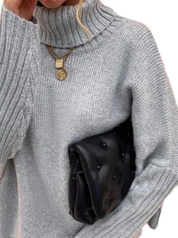 Ladies High Neck Solid Color Pullover Sweather SKT4868