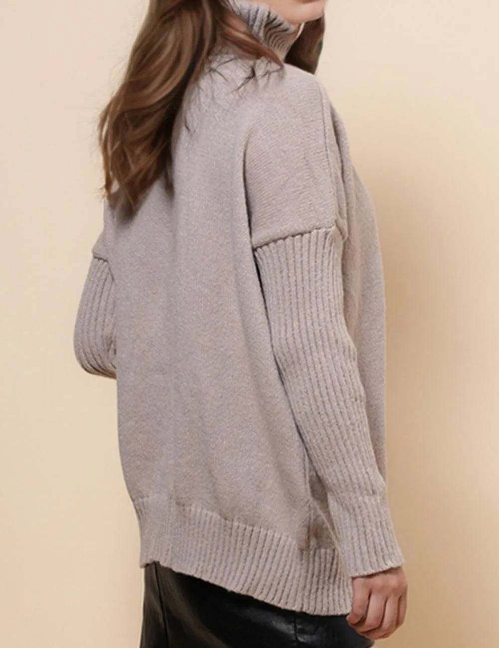 Ladies High Neck Solid Color Pullover Sweather SKT4868