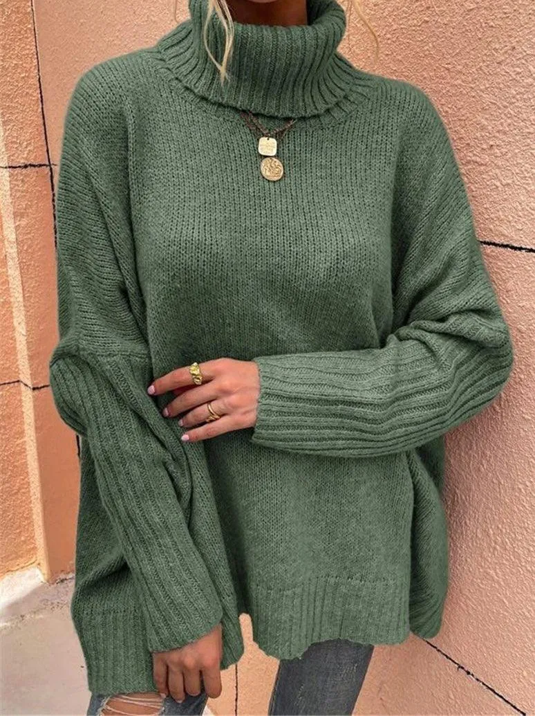 Ladies High Neck Solid Color Pullover Sweather SKT4868