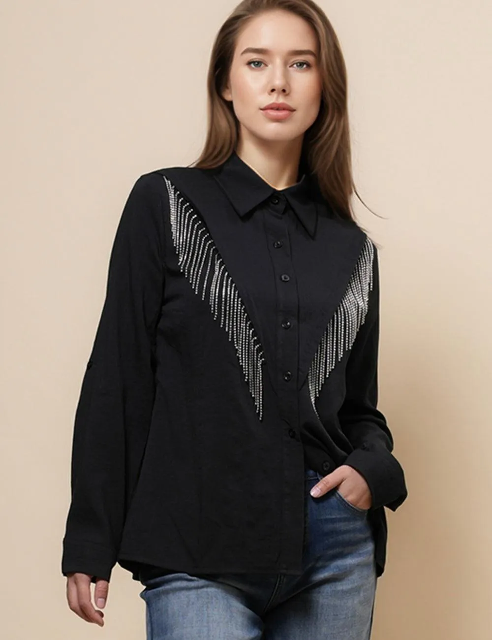 Ladies Lapel Botton Down Rhinstone Tassels Shirt SKT4873