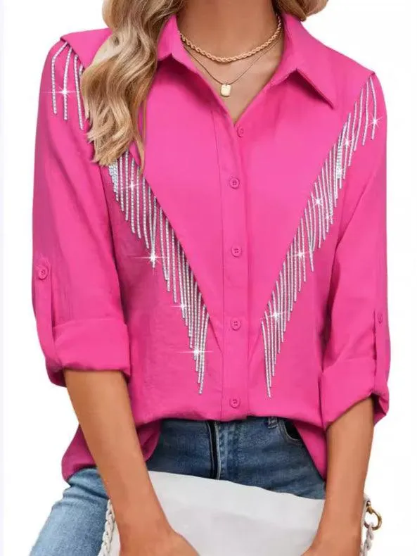 Ladies Lapel Botton Down Rhinstone Tassels Shirt SKT4873