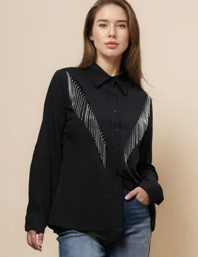 Ladies Lapel Botton Down Rhinstone Tassels Shirt SKT4873