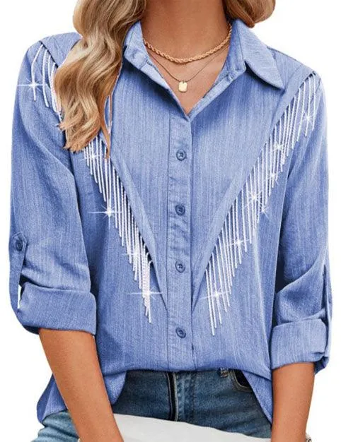 Ladies Lapel Botton Down Rhinstone Tassels Shirt SKT4873