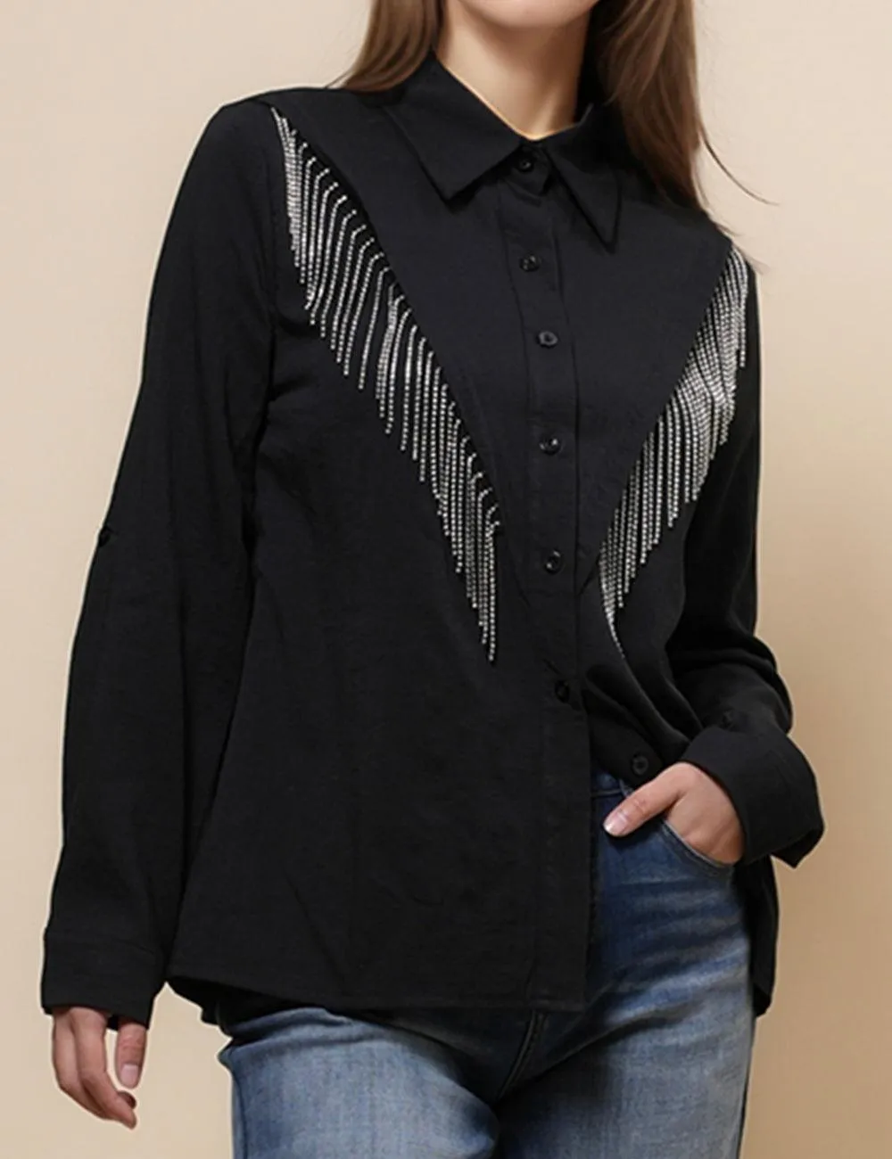 Ladies Lapel Botton Down Rhinstone Tassels Shirt SKT4873