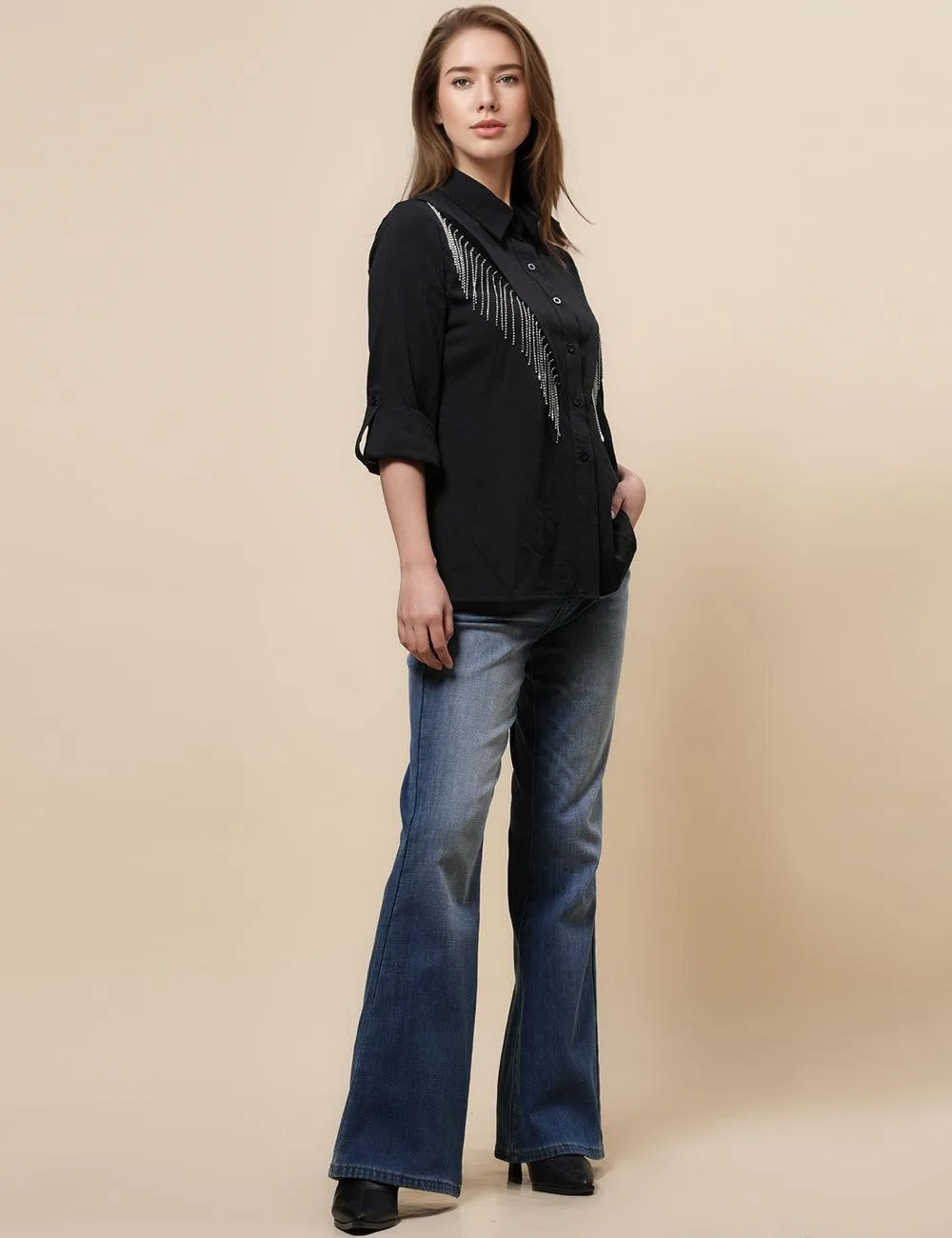 Ladies Lapel Botton Down Rhinstone Tassels Shirt SKT4873