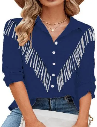 Ladies Lapel Botton Down Rhinstone Tassels Shirt SKT4873
