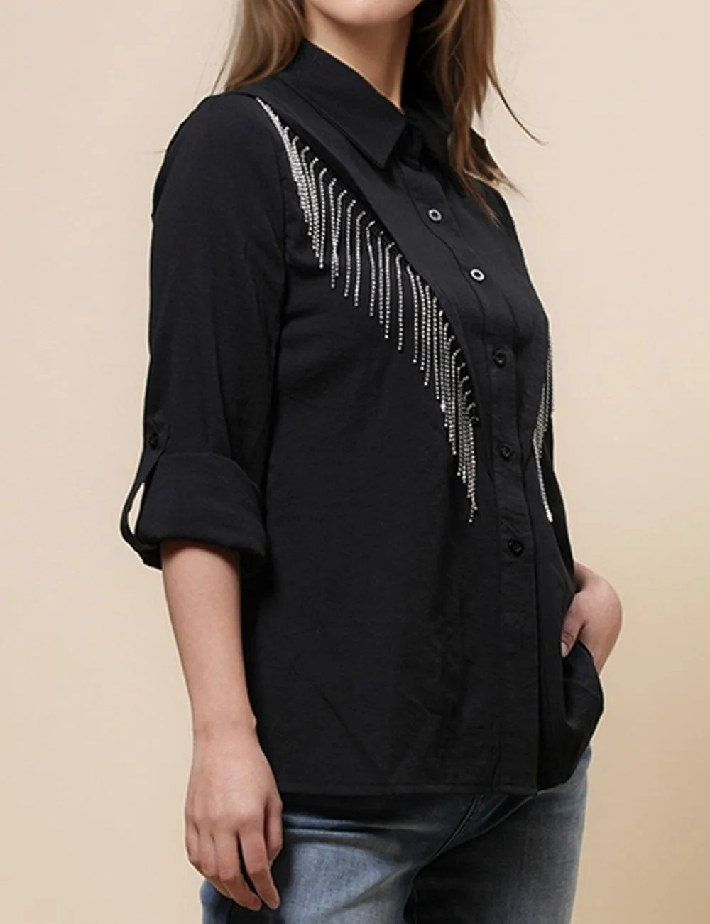 Ladies Lapel Botton Down Rhinstone Tassels Shirt SKT4873