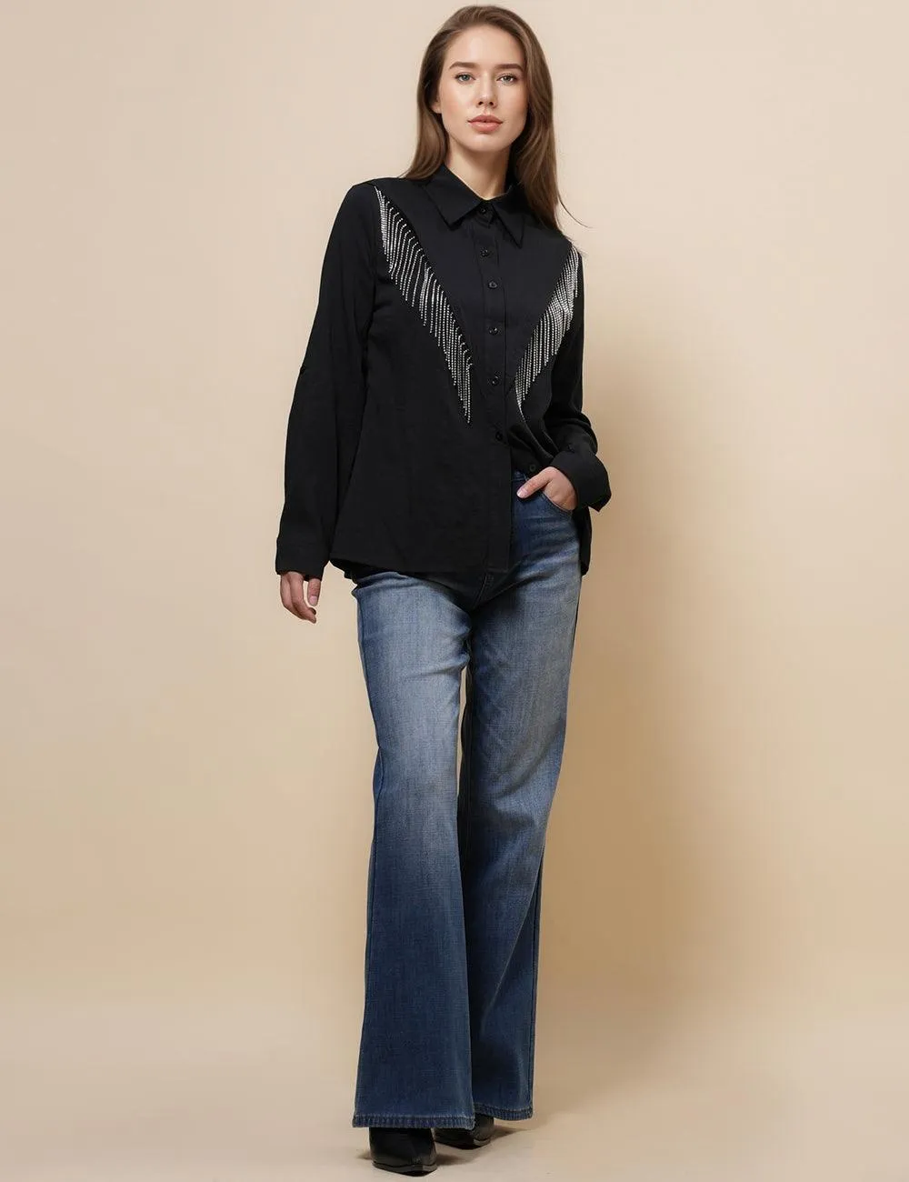 Ladies Lapel Botton Down Rhinstone Tassels Shirt SKT4873