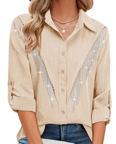 Ladies Lapel Botton Down Rhinstone Tassels Shirt SKT4873
