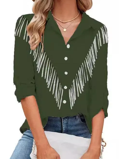 Ladies Lapel Botton Down Rhinstone Tassels Shirt SKT4873