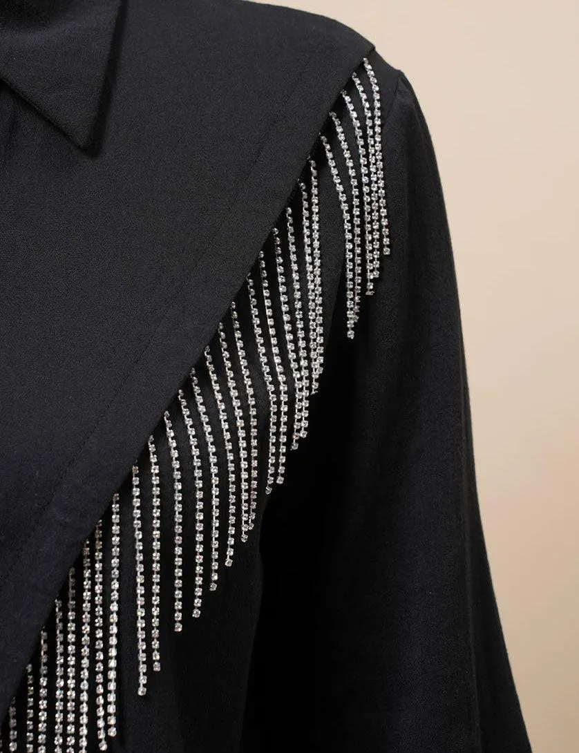 Ladies Lapel Botton Down Rhinstone Tassels Shirt SKT4873