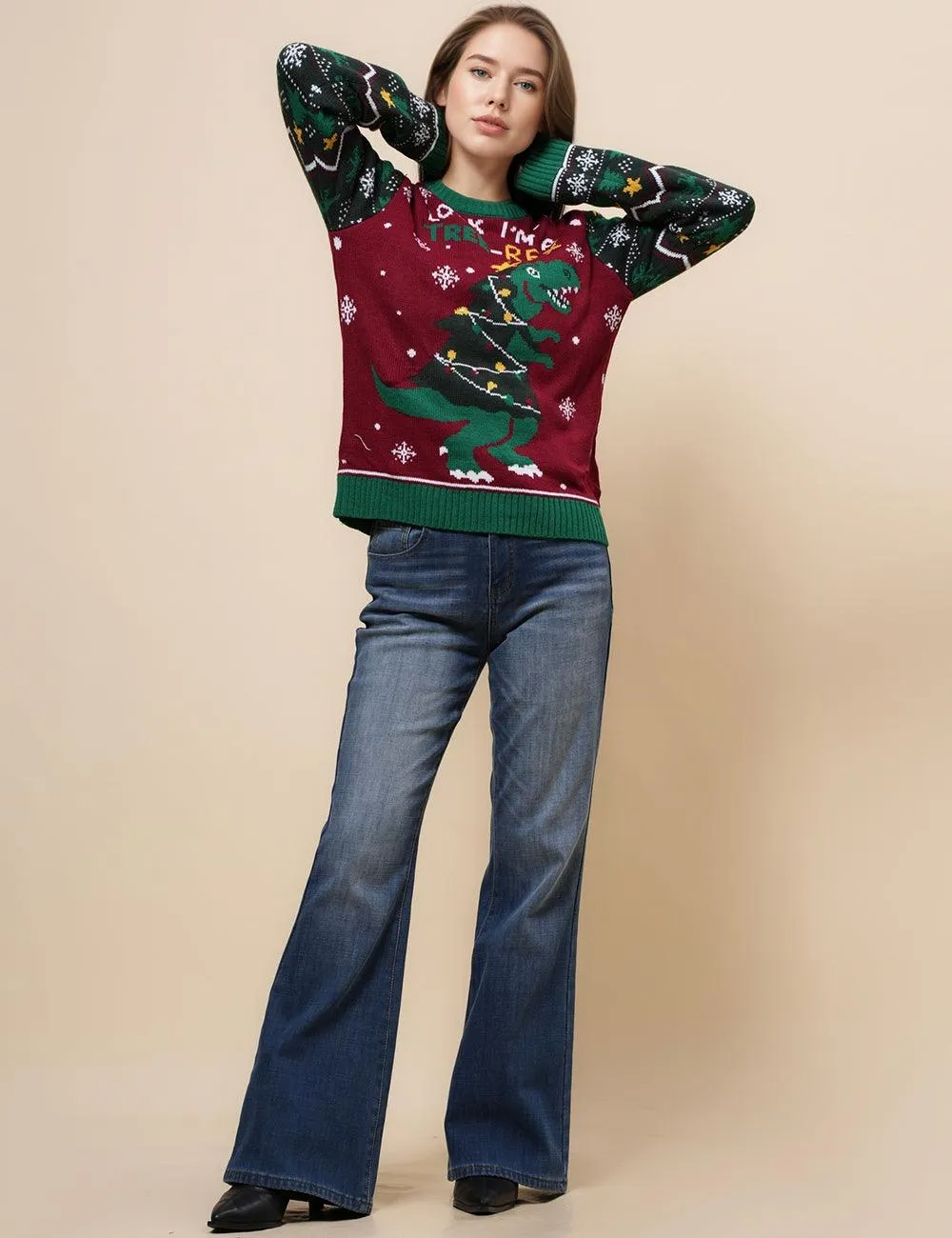 Ladies Merry Chirsmas Tree and Dinosaur Pullover Sweater SKT4925