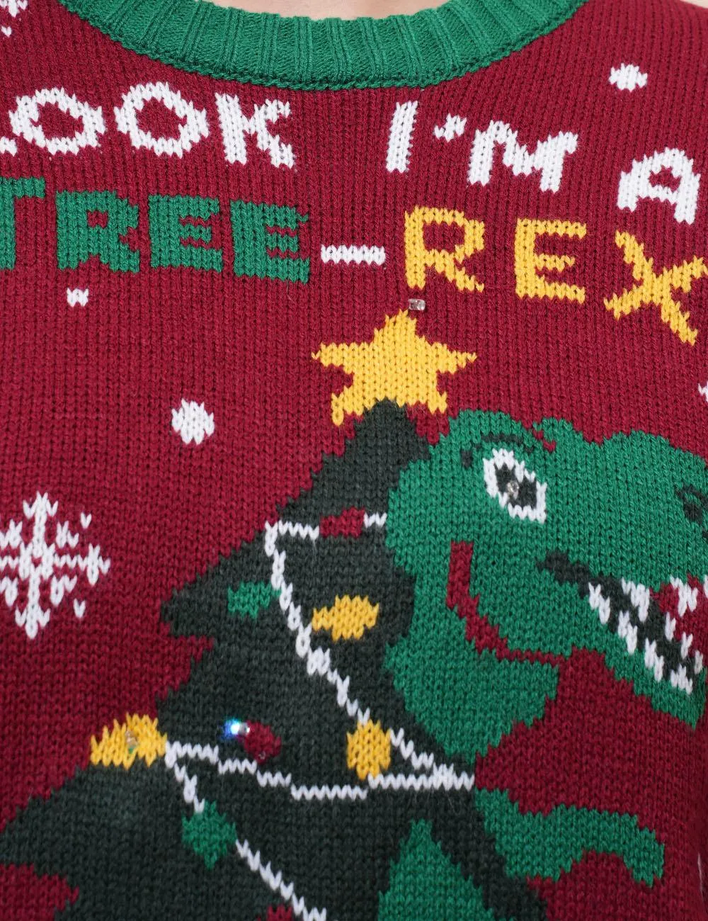 Ladies Merry Chirsmas Tree and Dinosaur Pullover Sweater SKT4925