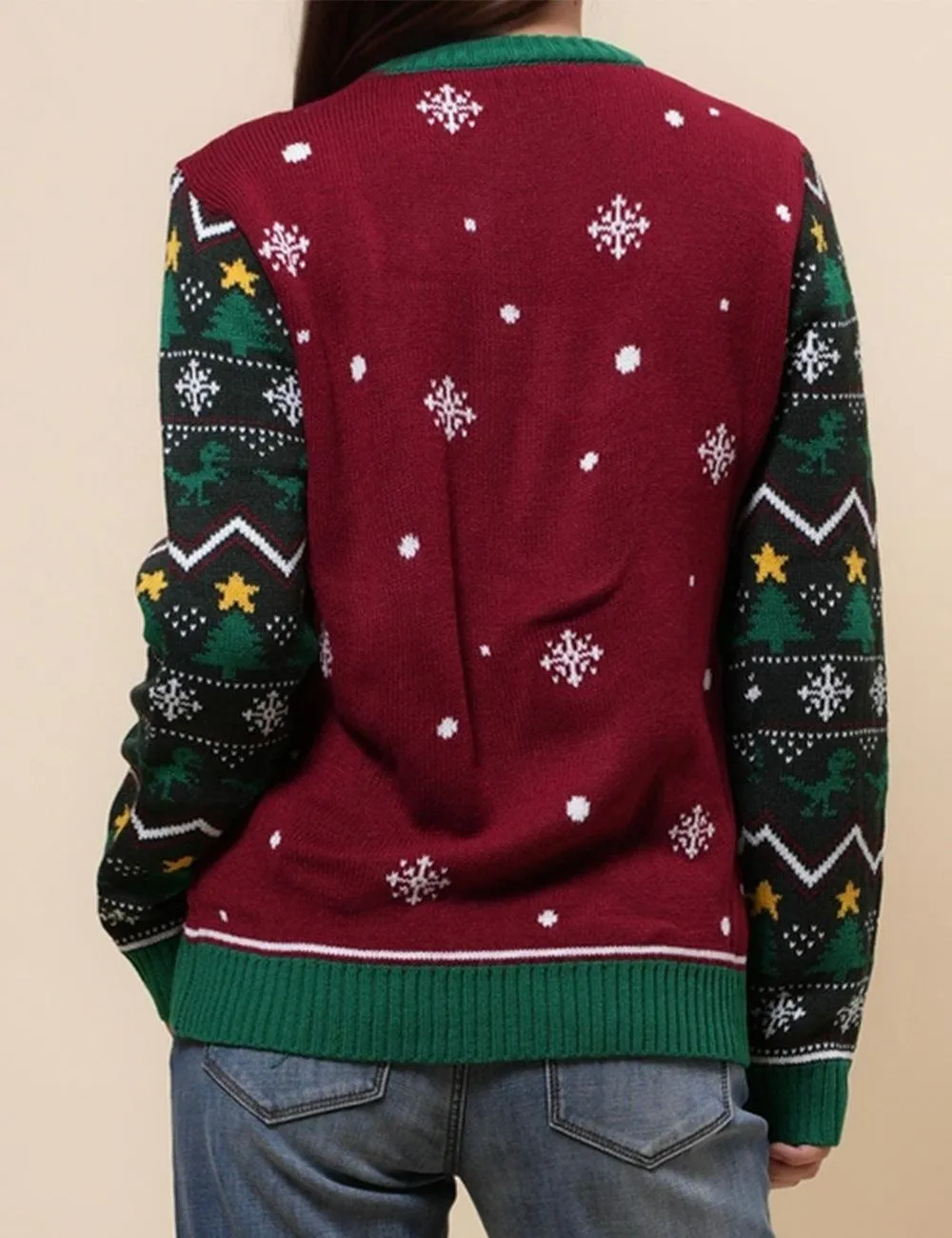 Ladies Merry Chirsmas Tree and Dinosaur Pullover Sweater SKT4925