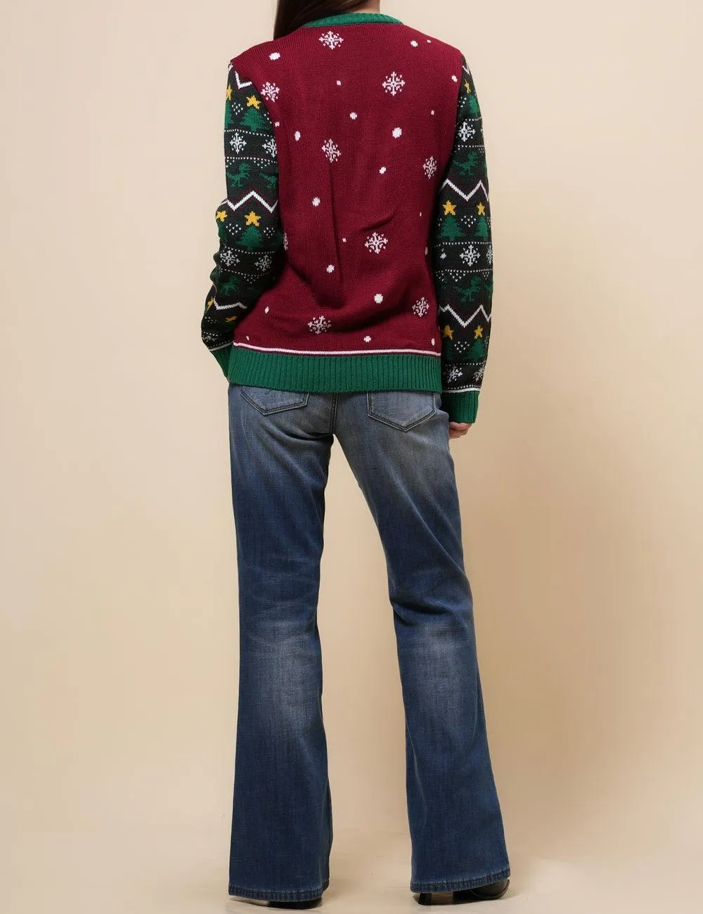 Ladies Merry Chirsmas Tree and Dinosaur Pullover Sweater SKT4925