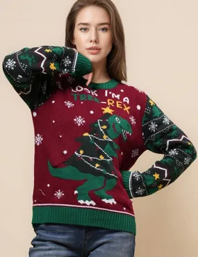 Ladies Merry Chirsmas Tree and Dinosaur Pullover Sweater SKT4925