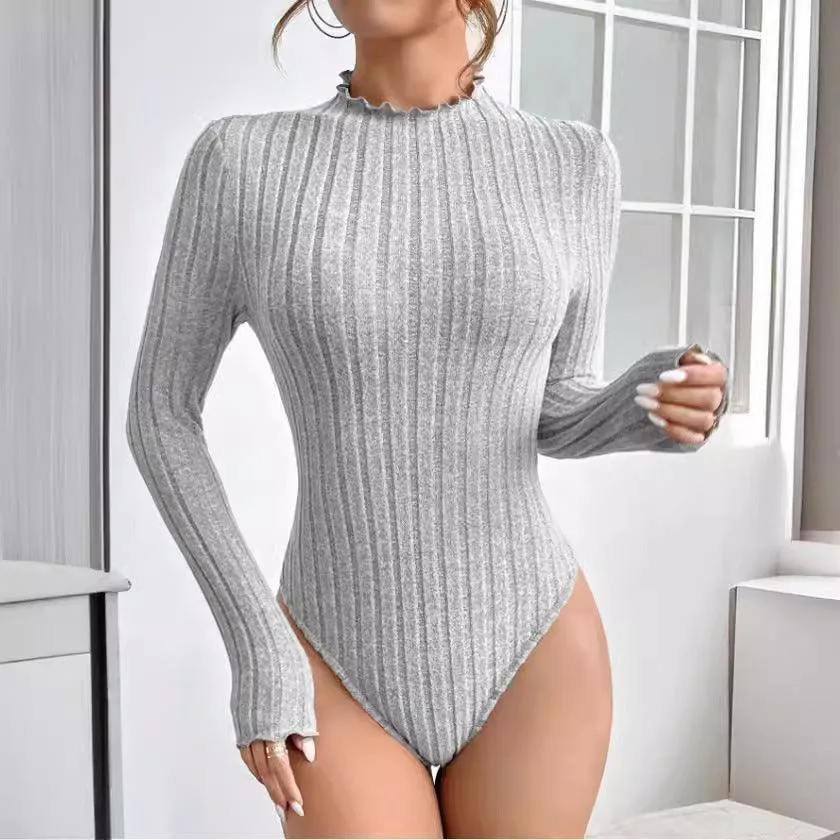 Ladies Mock Neck Ribbed Knit Bodysuit G1001
