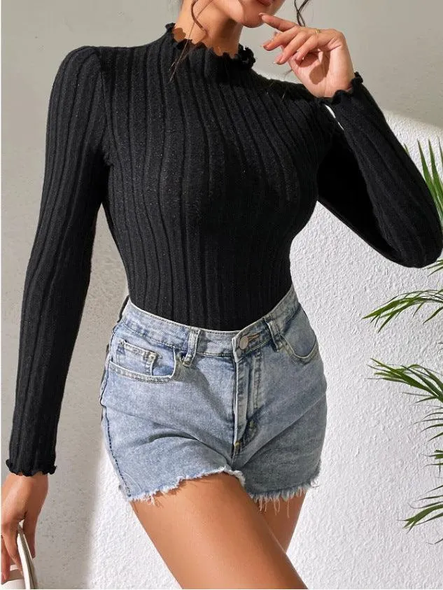 Ladies Mock Neck Ribbed Knit Bodysuit G1001
