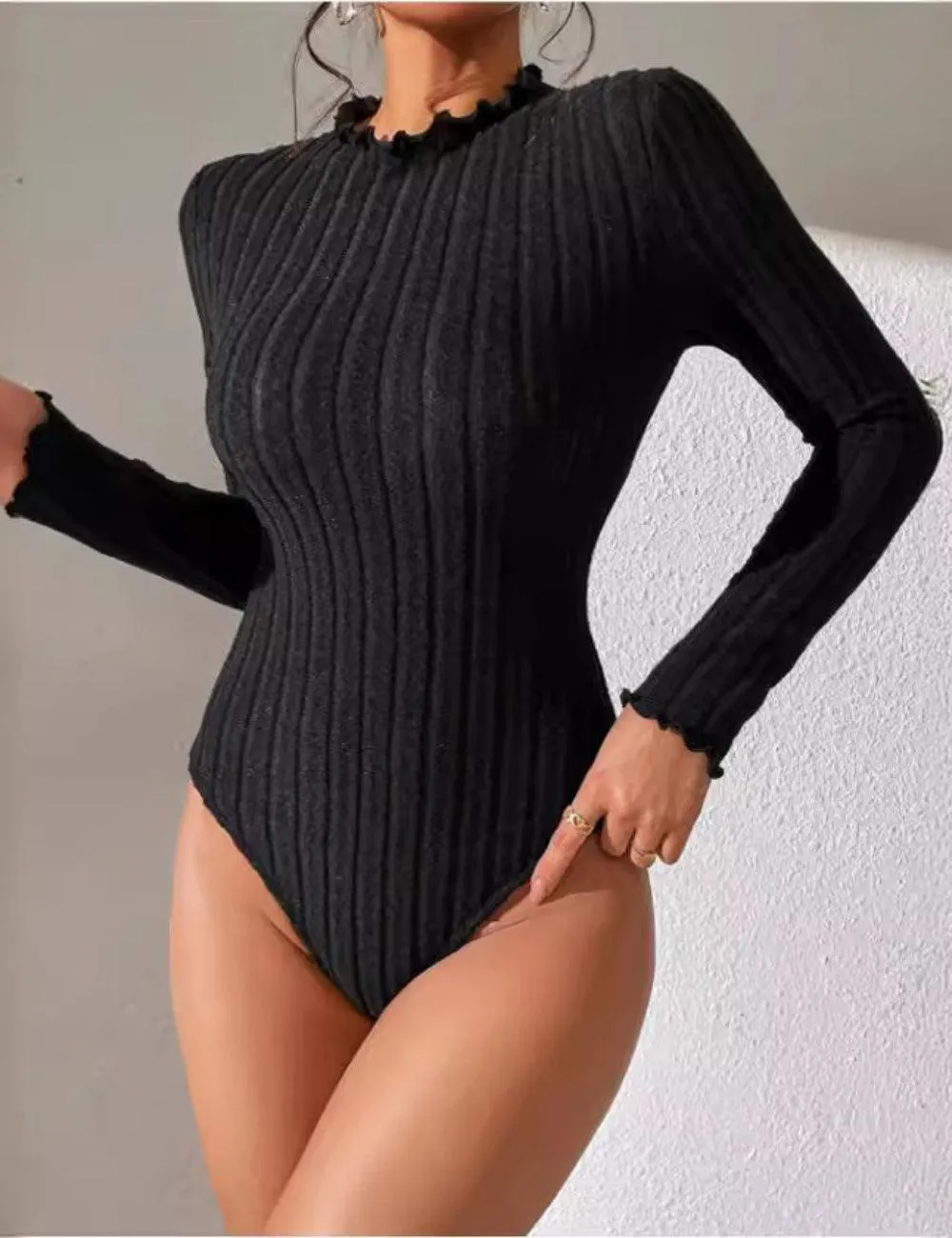 Ladies Mock Neck Ribbed Knit Bodysuit G1001
