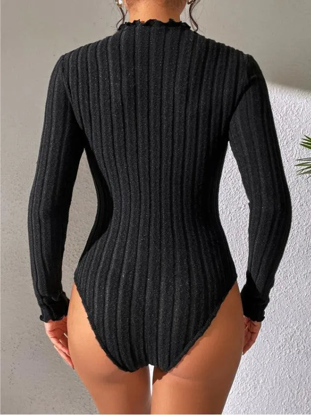 Ladies Mock Neck Ribbed Knit Bodysuit G1001
