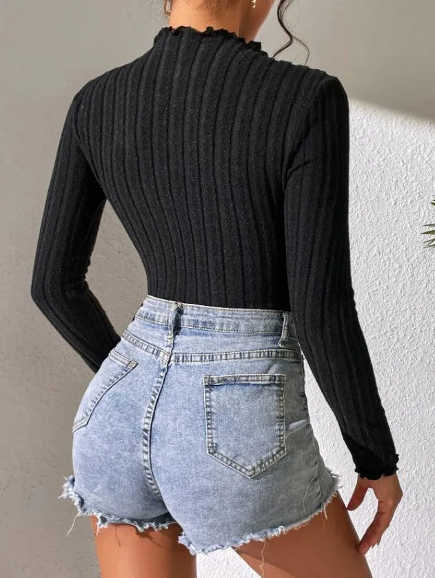 Ladies Mock Neck Ribbed Knit Bodysuit G1001