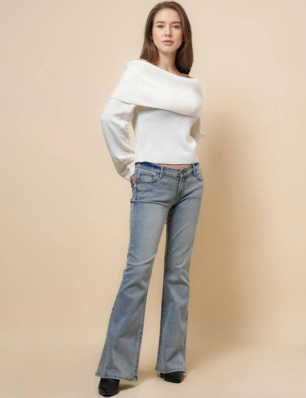 Ladies Off Shoulder Long Sleeves Knit Pullover Blouse SKT4867