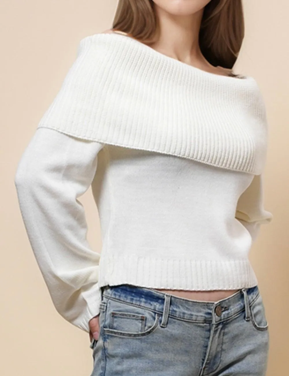 Ladies Off Shoulder Long Sleeves Knit Pullover Blouse SKT4867