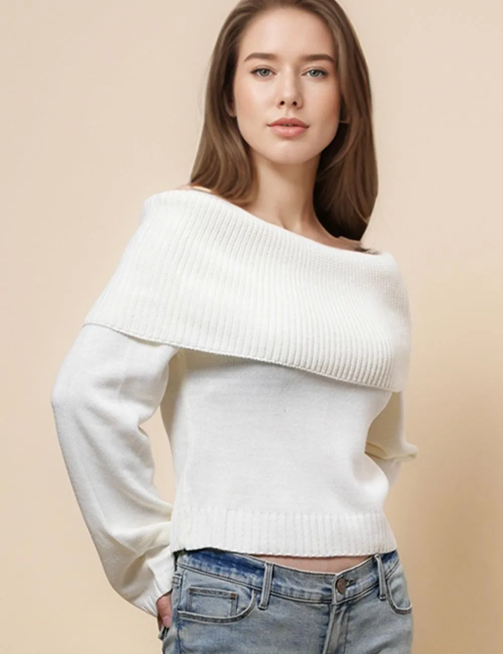 Ladies Off Shoulder Long Sleeves Knit Pullover Blouse SKT4867