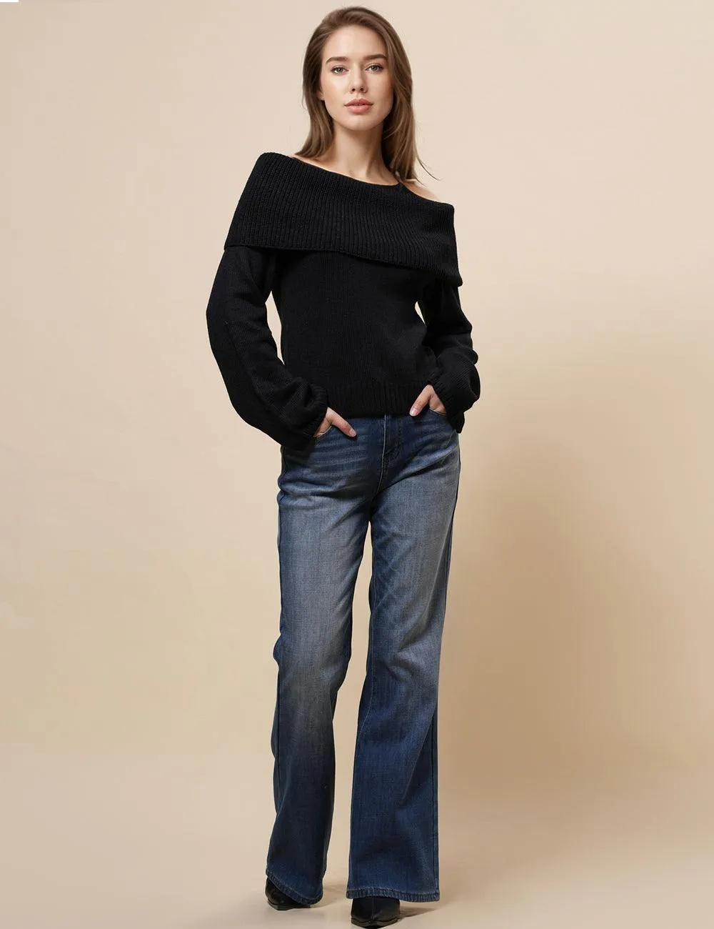 Ladies Off Shoulder Long Sleeves Knit Pullover Blouse SKT4867