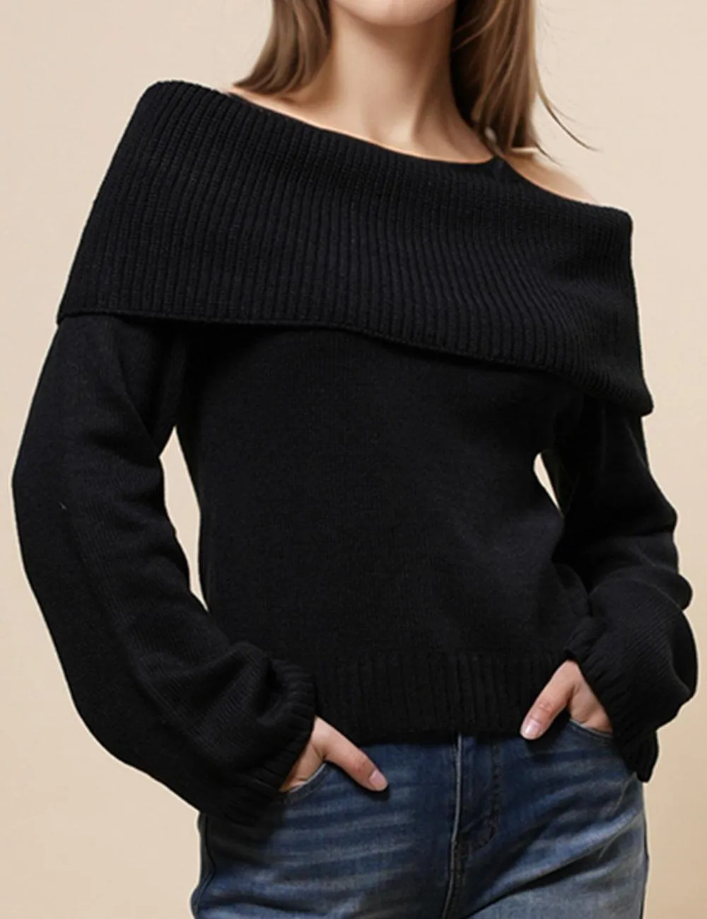Ladies Off Shoulder Long Sleeves Knit Pullover Blouse SKT4867