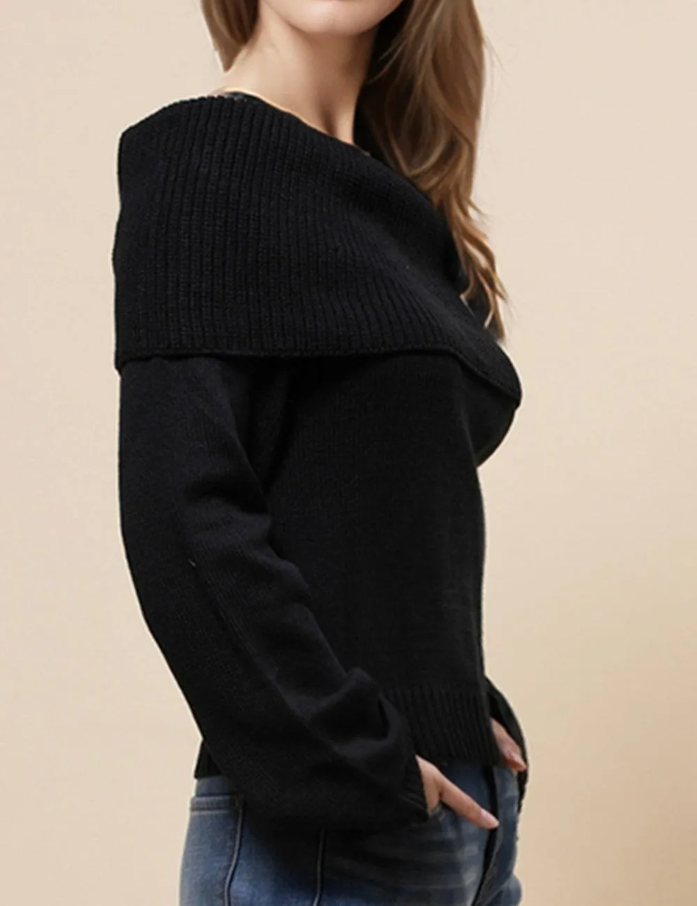 Ladies Off Shoulder Long Sleeves Knit Pullover Blouse SKT4867