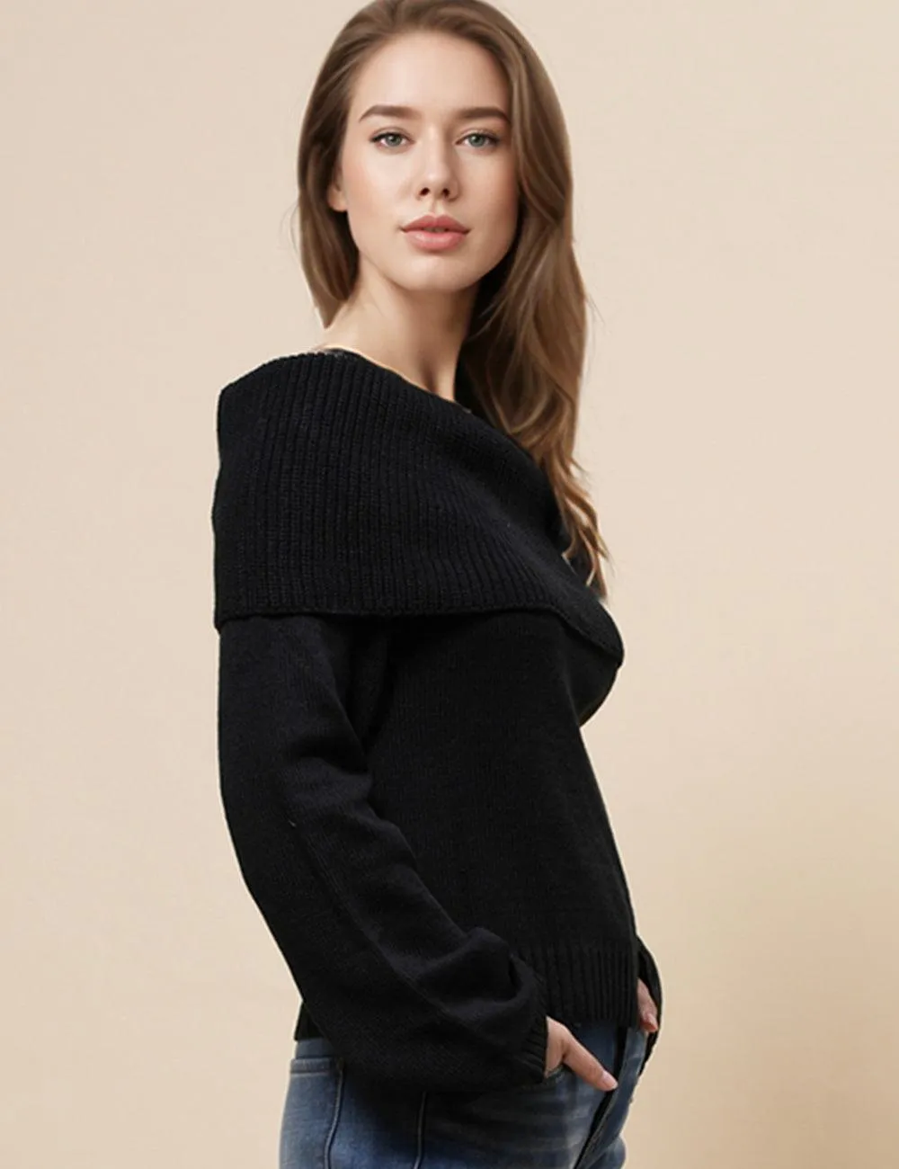 Ladies Off Shoulder Long Sleeves Knit Pullover Blouse SKT4867