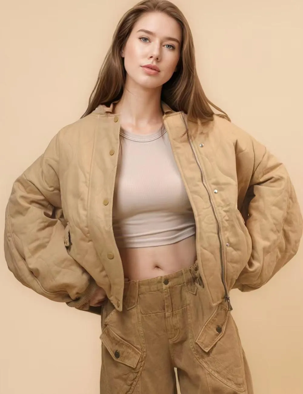 Ladies Pilot Shoulder Wide Washed Cotton Jacket SKT4670