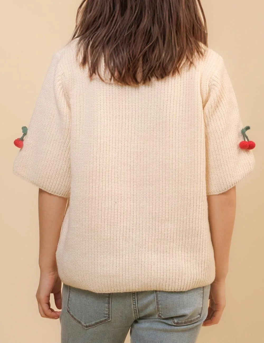 Ladies Round Neck Cherry Short Sleeves Cardigan SKT4655