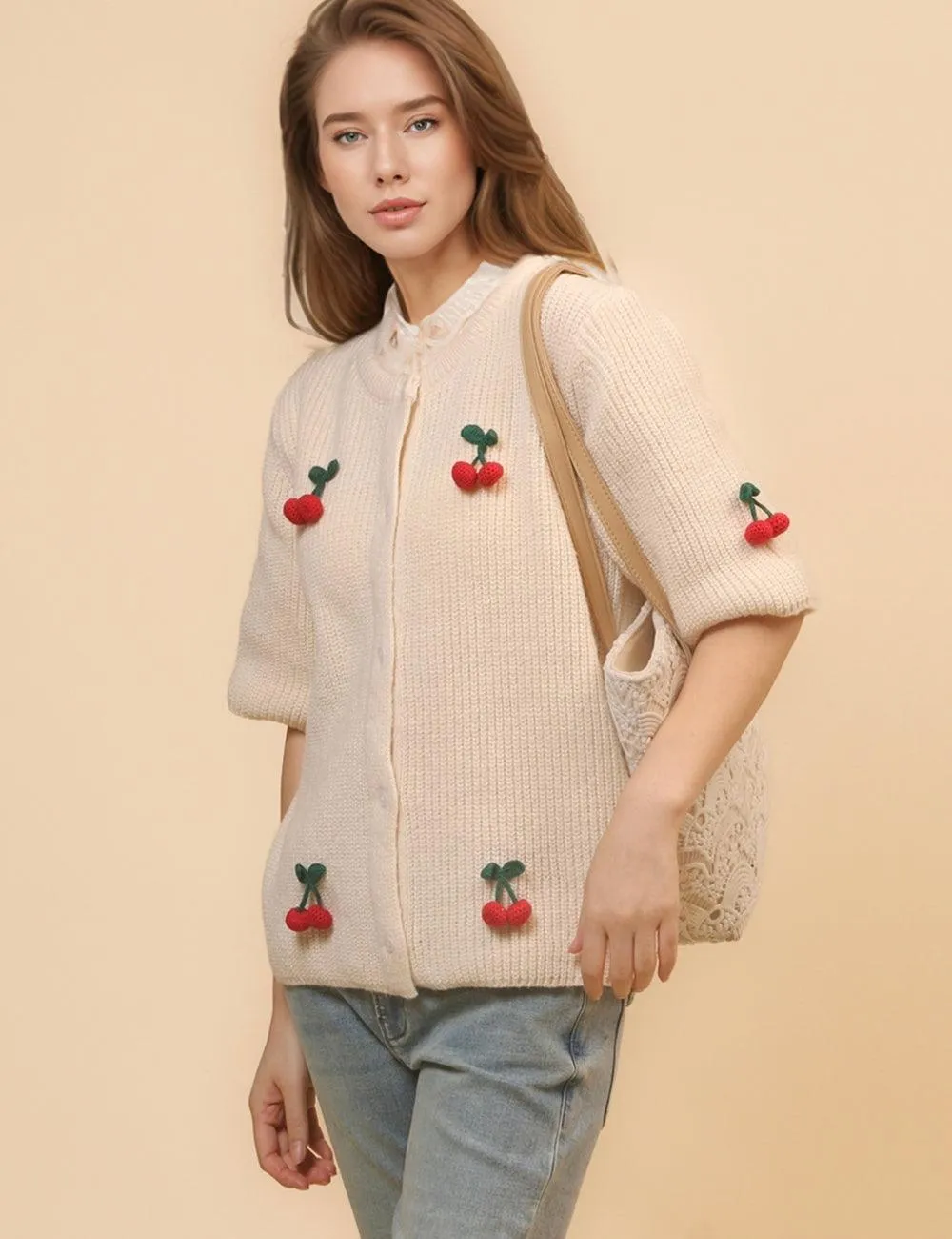 Ladies Round Neck Cherry Short Sleeves Cardigan SKT4655