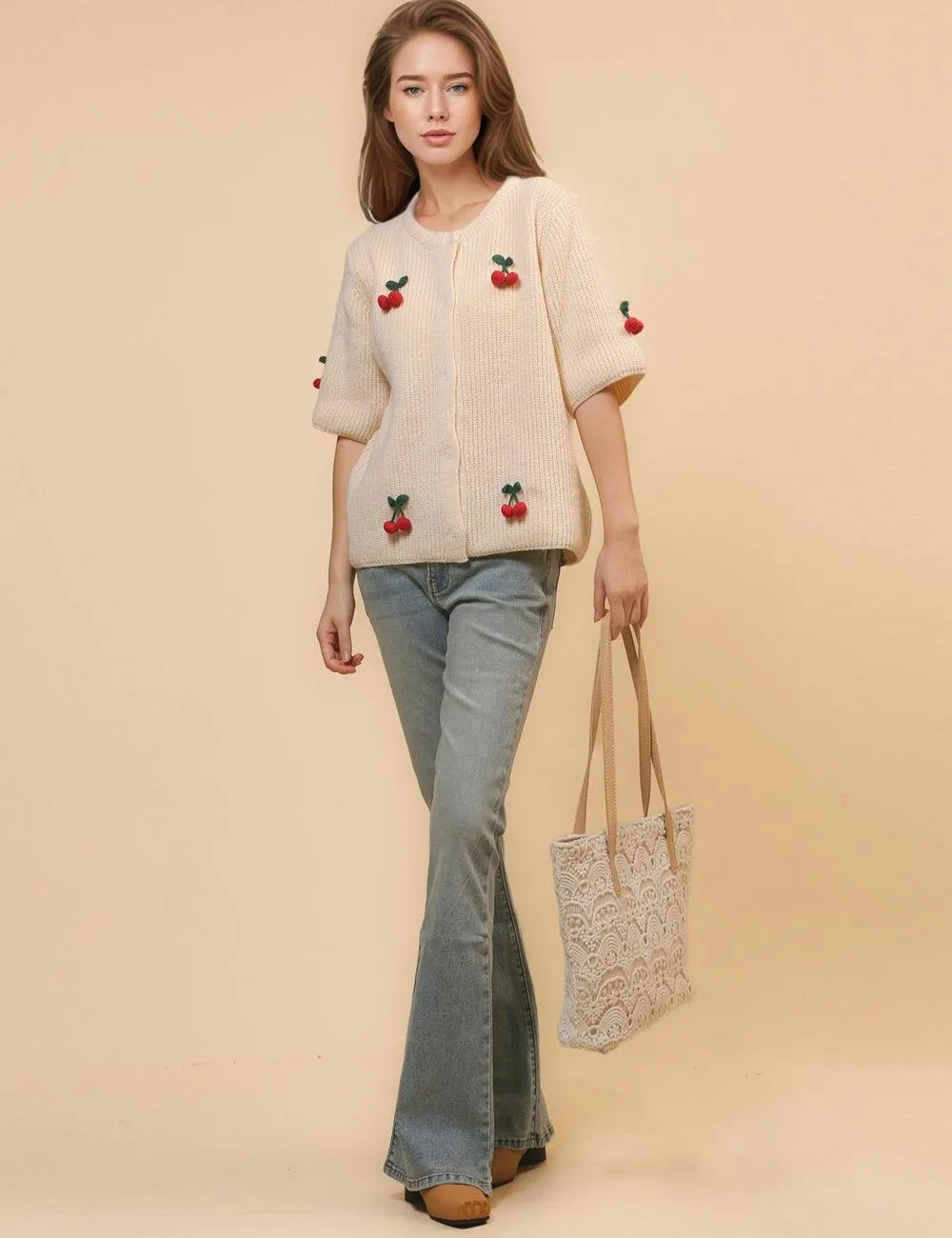 Ladies Round Neck Cherry Short Sleeves Cardigan SKT4655