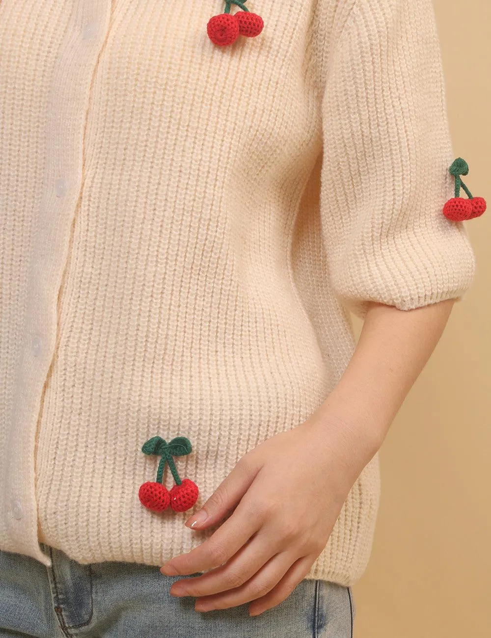 Ladies Round Neck Cherry Short Sleeves Cardigan SKT4655