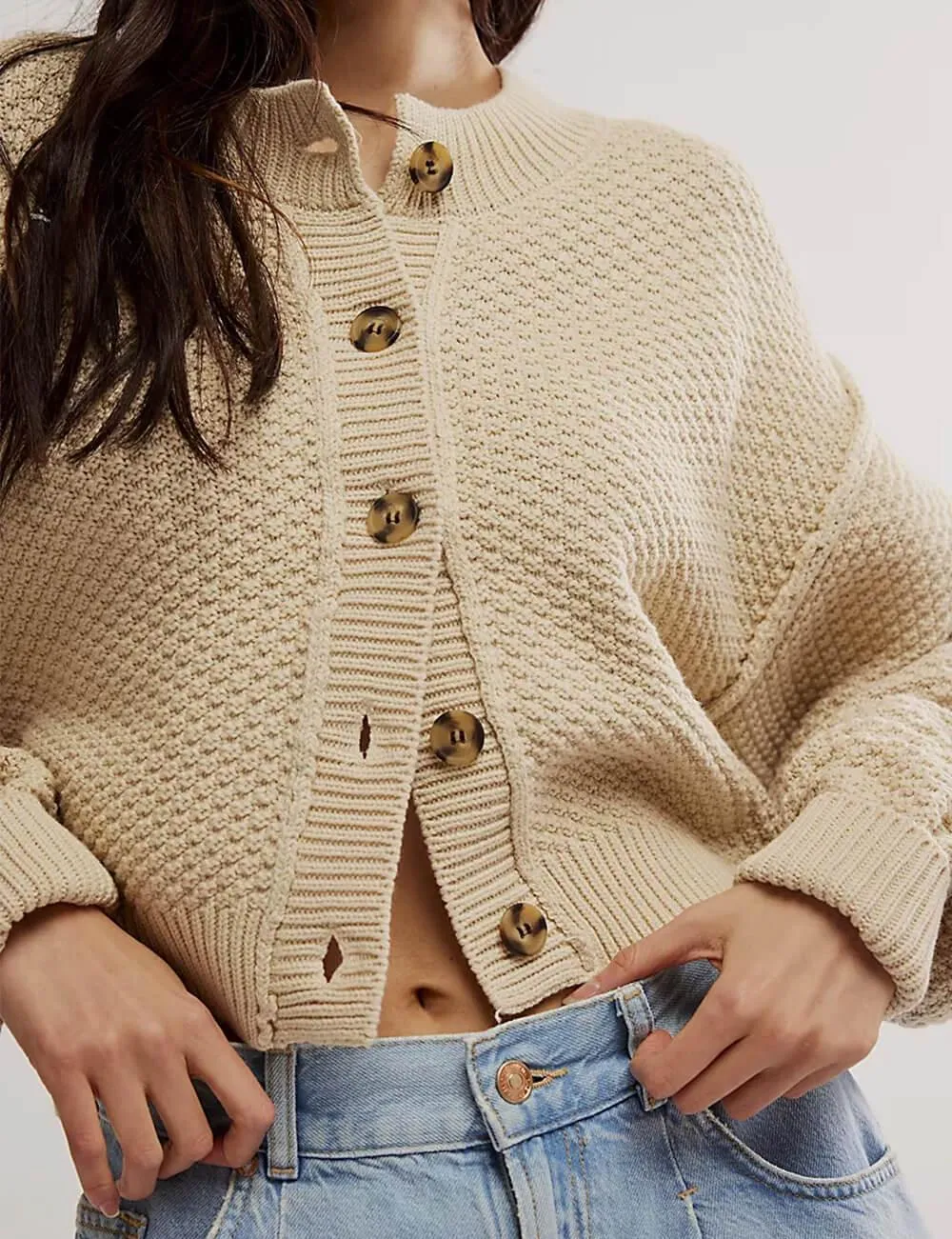 Ladies Solid Color Button Front Cardigan SKT538