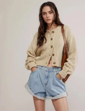 Ladies Solid Color Button Front Cardigan SKT538