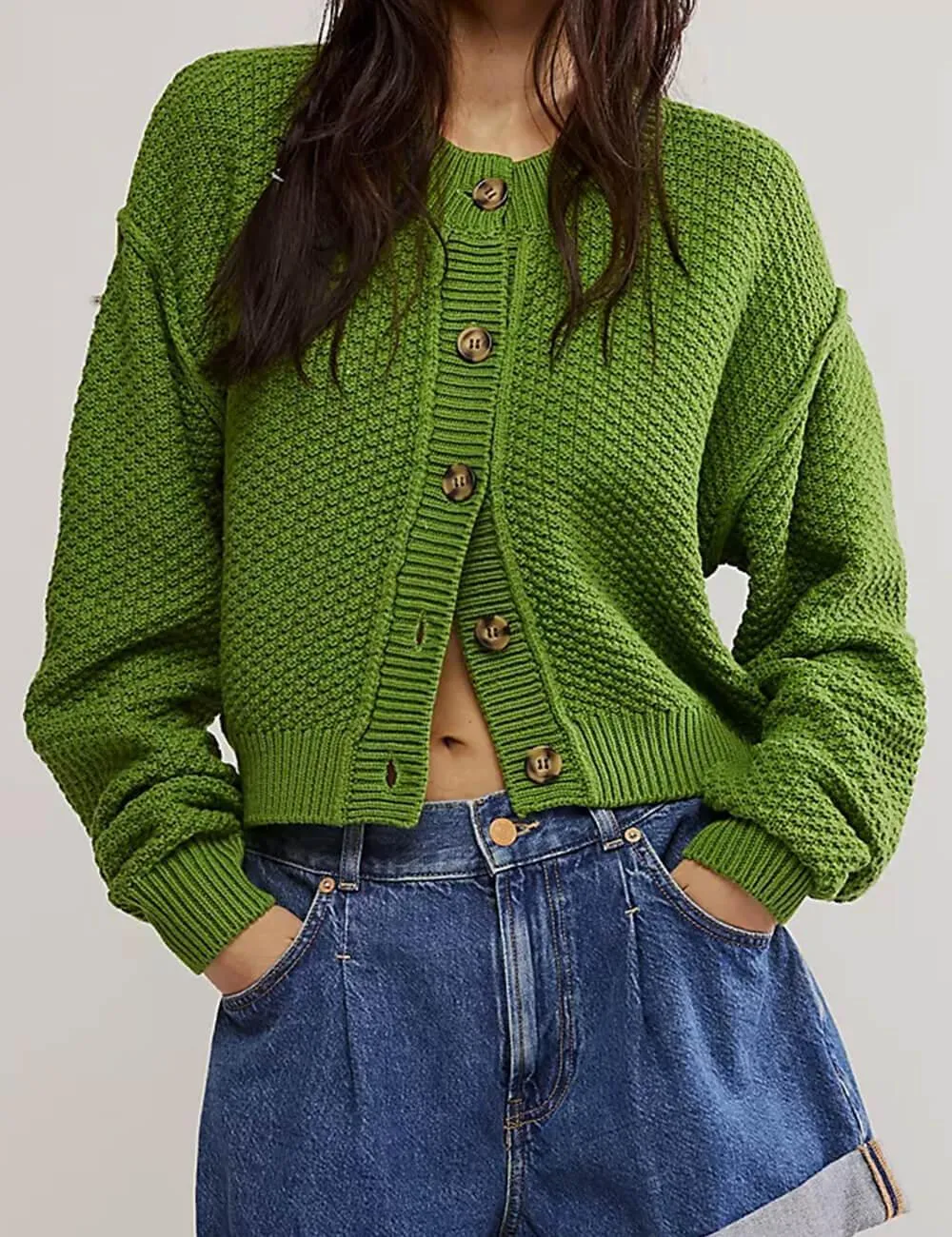 Ladies Solid Color Button Front Cardigan SKT538