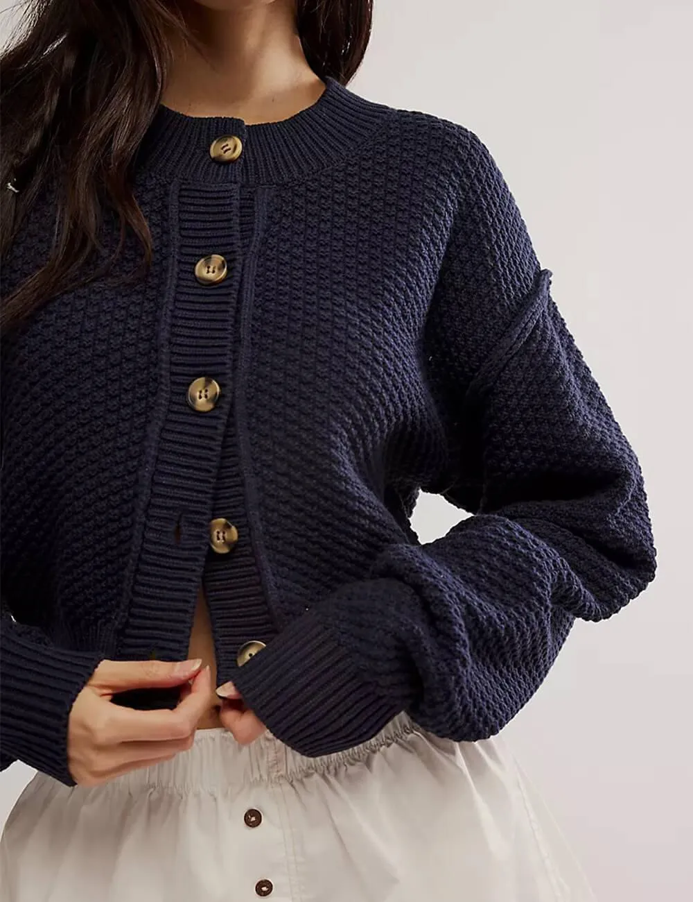 Ladies Solid Color Button Front Cardigan SKT538