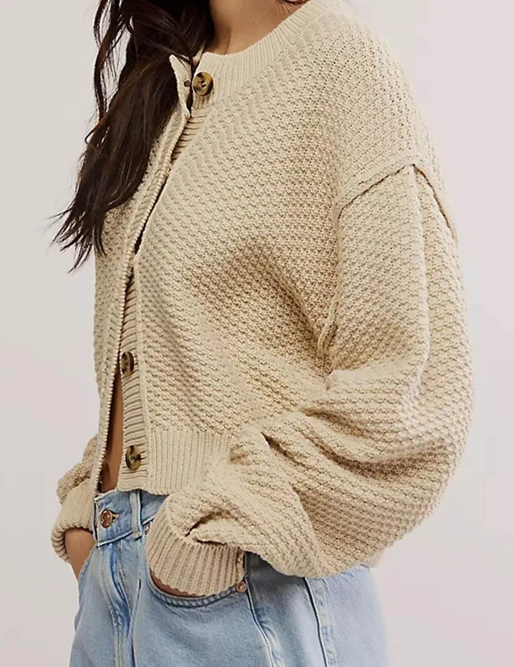 Ladies Solid Color Button Front Cardigan SKT538