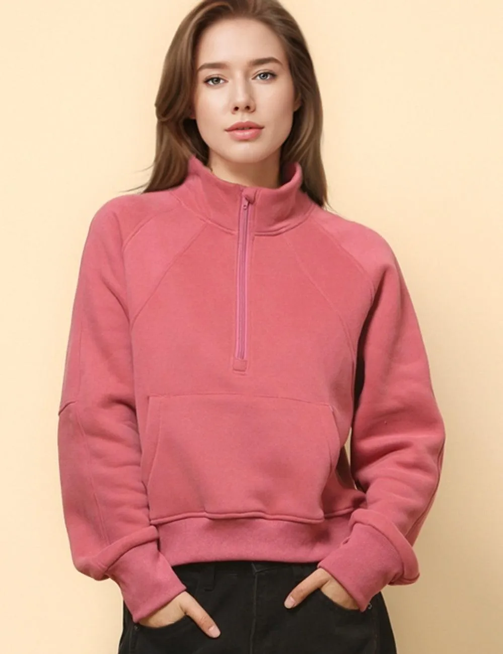 Ladies Solid Color Casual Zip Pullover Sweatshirt SKT4724