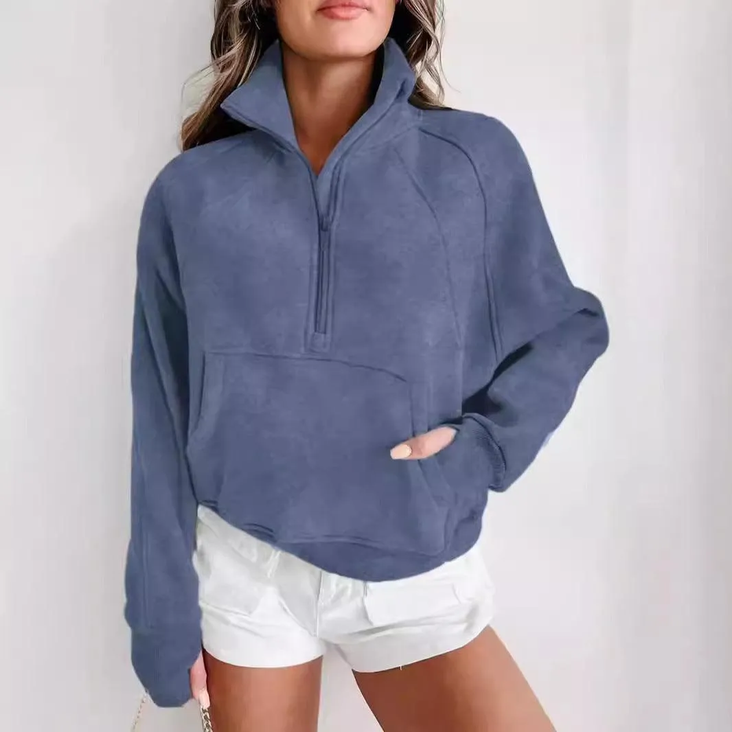 Ladies Solid Color Casual Zip Pullover Sweatshirt SKT4724
