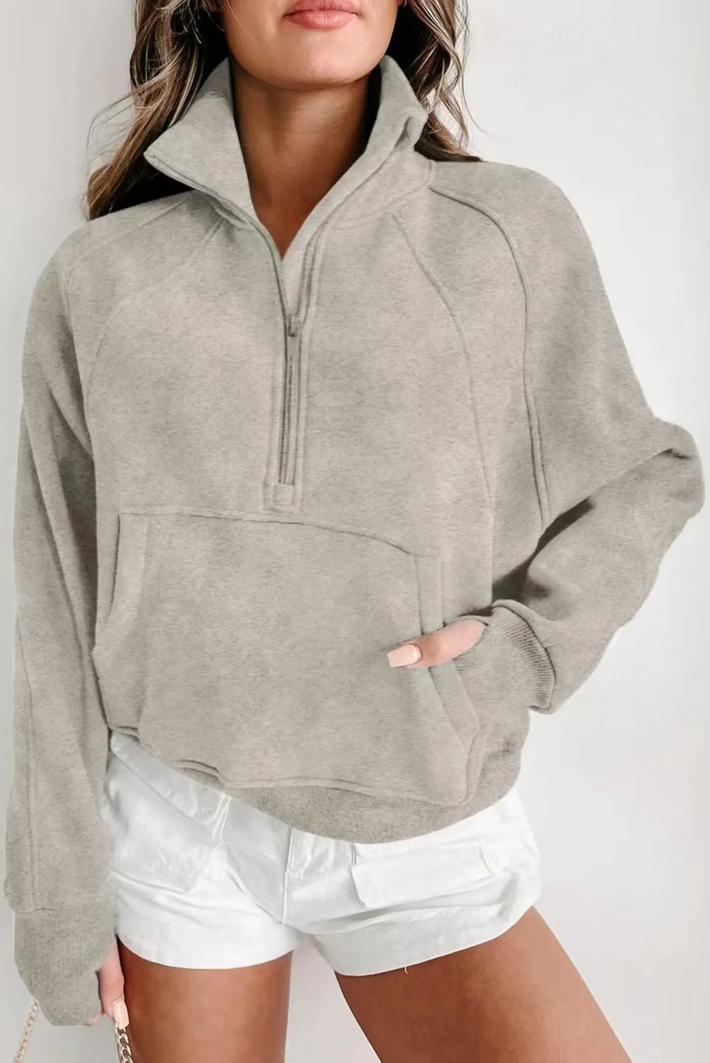 Ladies Solid Color Casual Zip Pullover Sweatshirt SKT4724