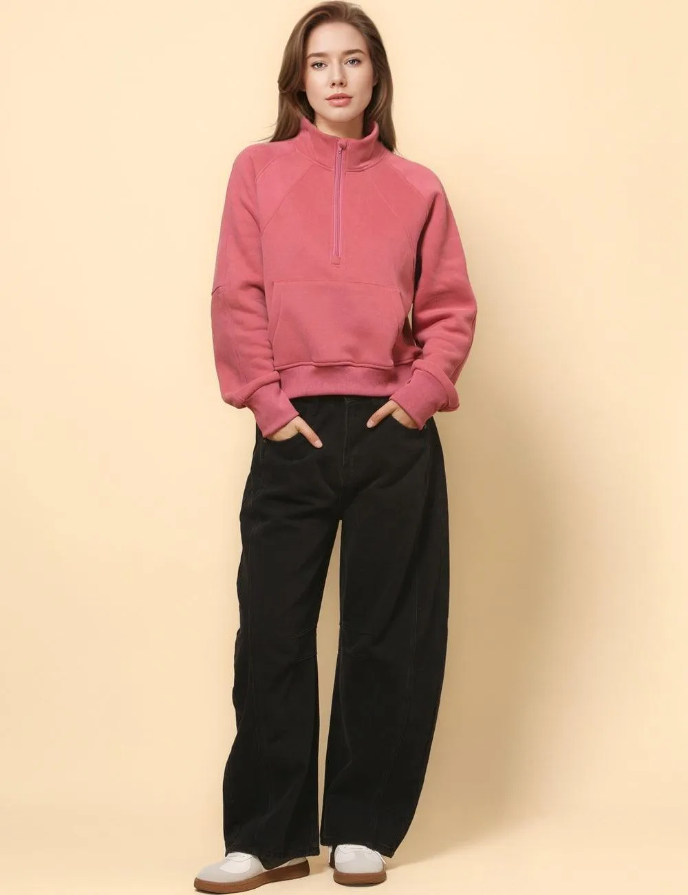 Ladies Solid Color Casual Zip Pullover Sweatshirt SKT4724