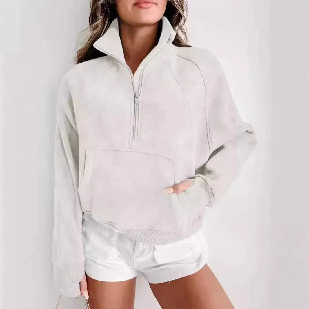 Ladies Solid Color Casual Zip Pullover Sweatshirt SKT4724