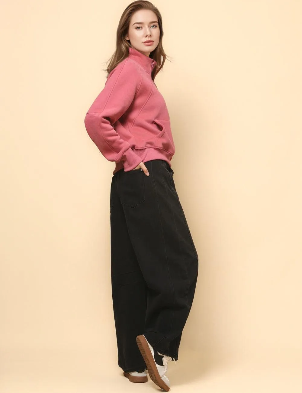 Ladies Solid Color Casual Zip Pullover Sweatshirt SKT4724