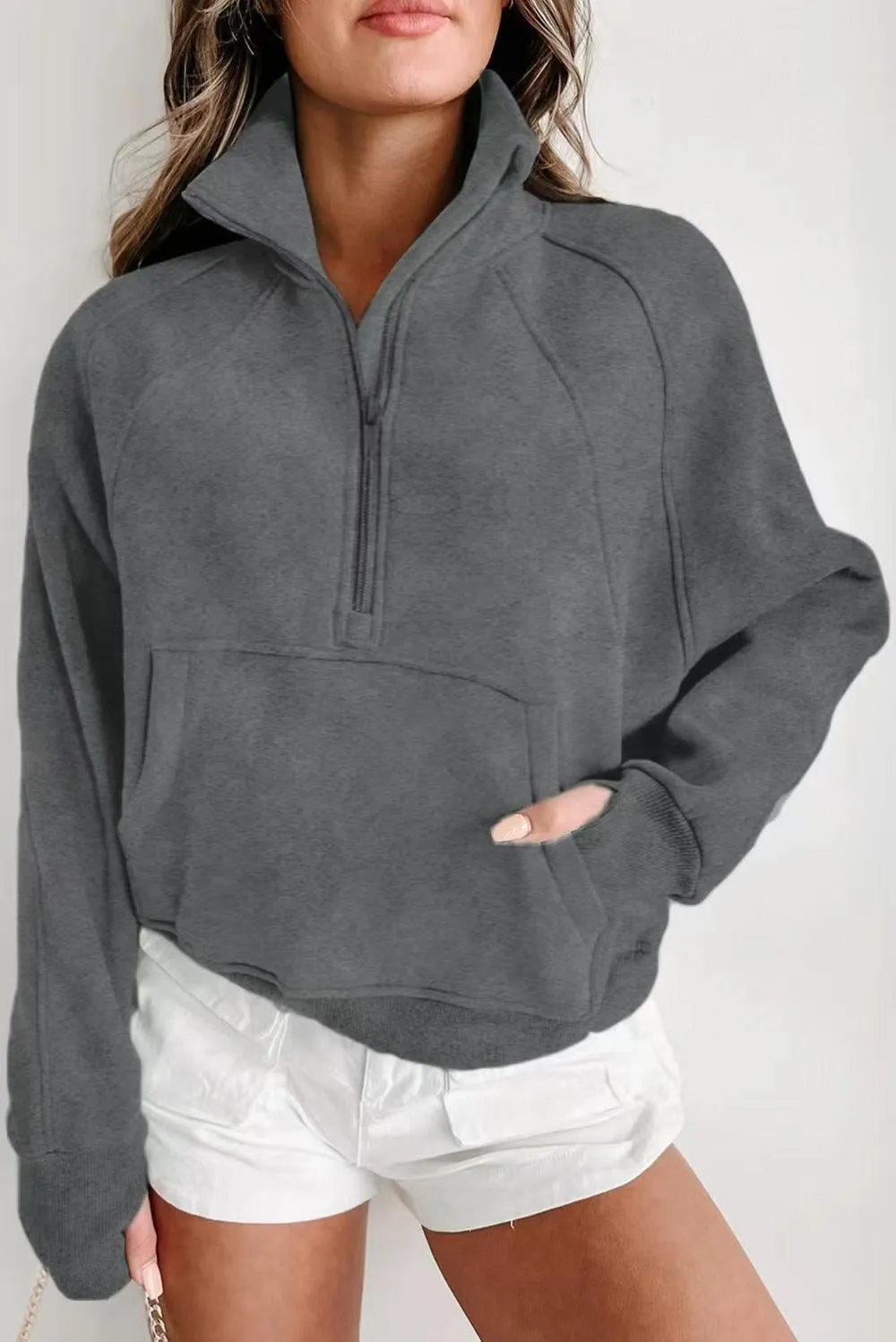 Ladies Solid Color Casual Zip Pullover Sweatshirt SKT4724