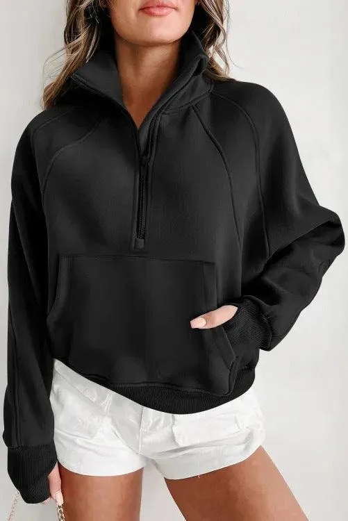 Ladies Solid Color Casual Zip Pullover Sweatshirt SKT4724